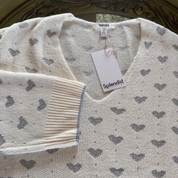 Splendid Hazel Hearts V-Neck Knit Sweater Ivory w/ Metallic Silver Hearts Size L - Picture 2 of 13